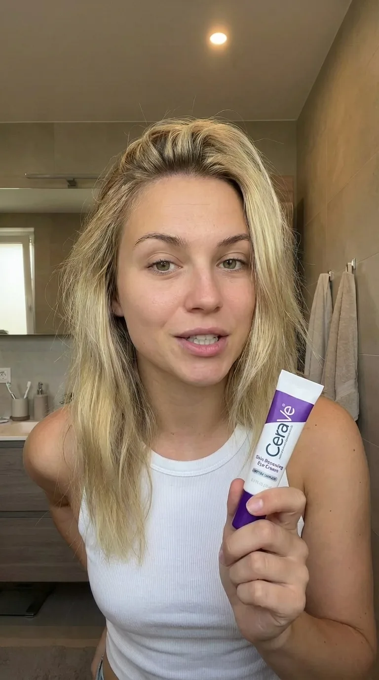 blonde girl, bathroom instagram story feel, holding my Ceravee product
